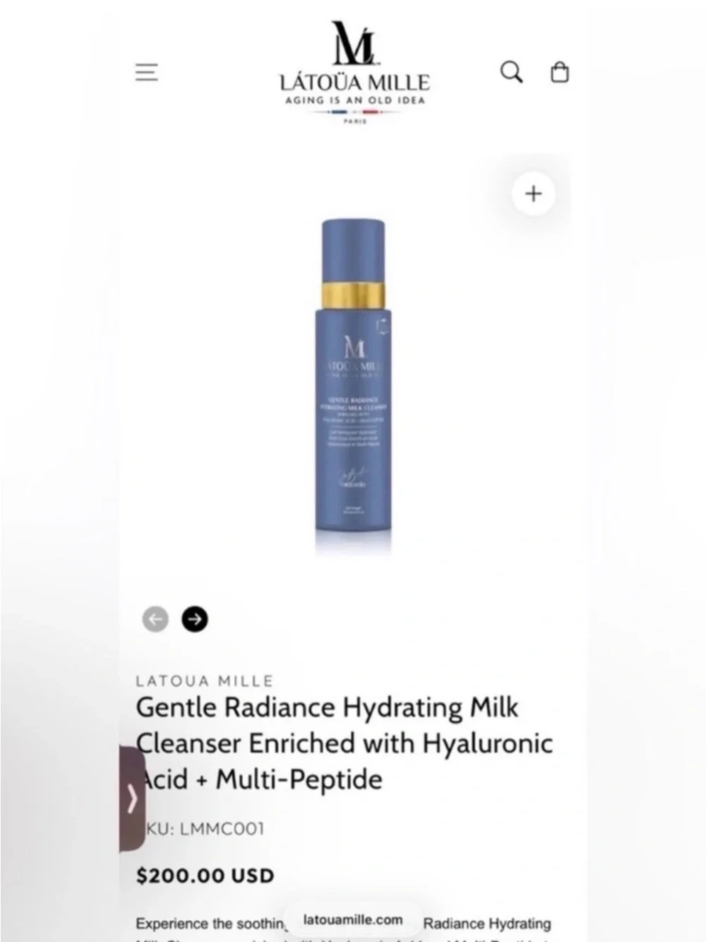 Latoua Mille Radiance Hydrating Milk Cleanser W/Hyaluronic Acid ~ Retails $200